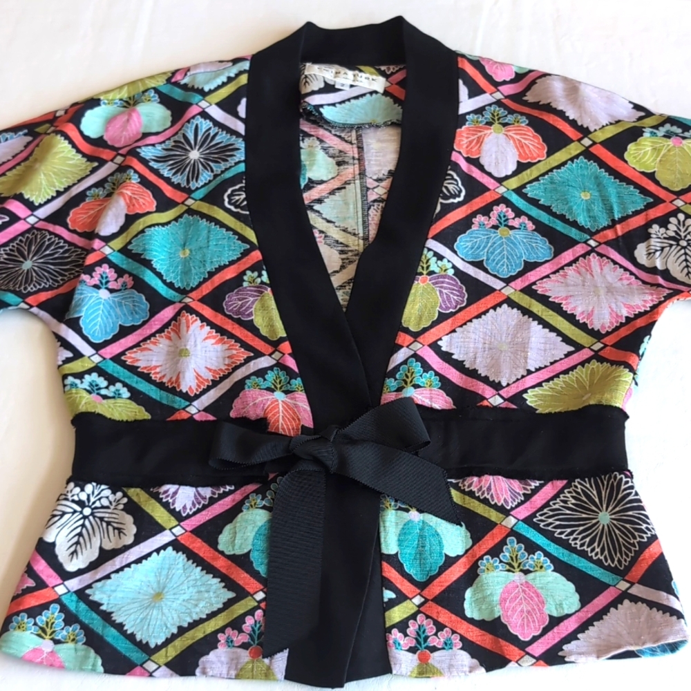 Trina Turk Tie Front Multicolor Botanical Print Silk Blend Kimono Women’s Size 2